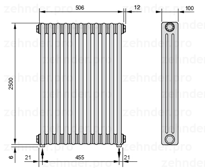 Схема (чертеж) Радиатор Zehnder Charleston 3250/11 №3570 Белый глянцевый RAL 9016